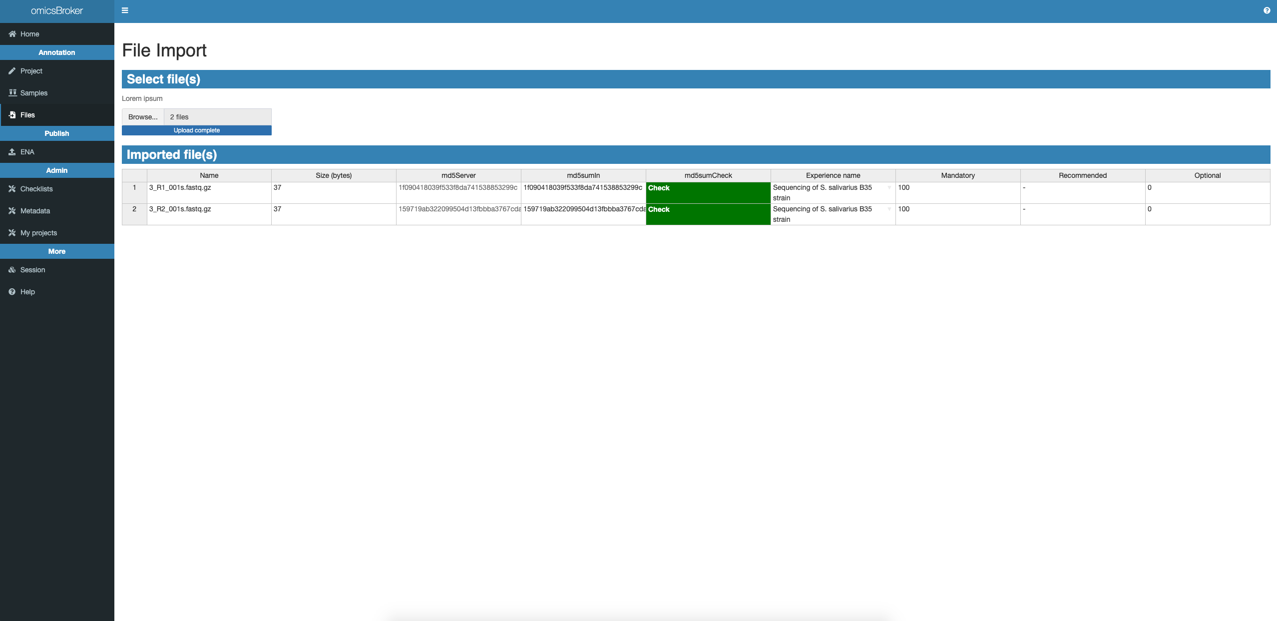 Screenshot File import complet